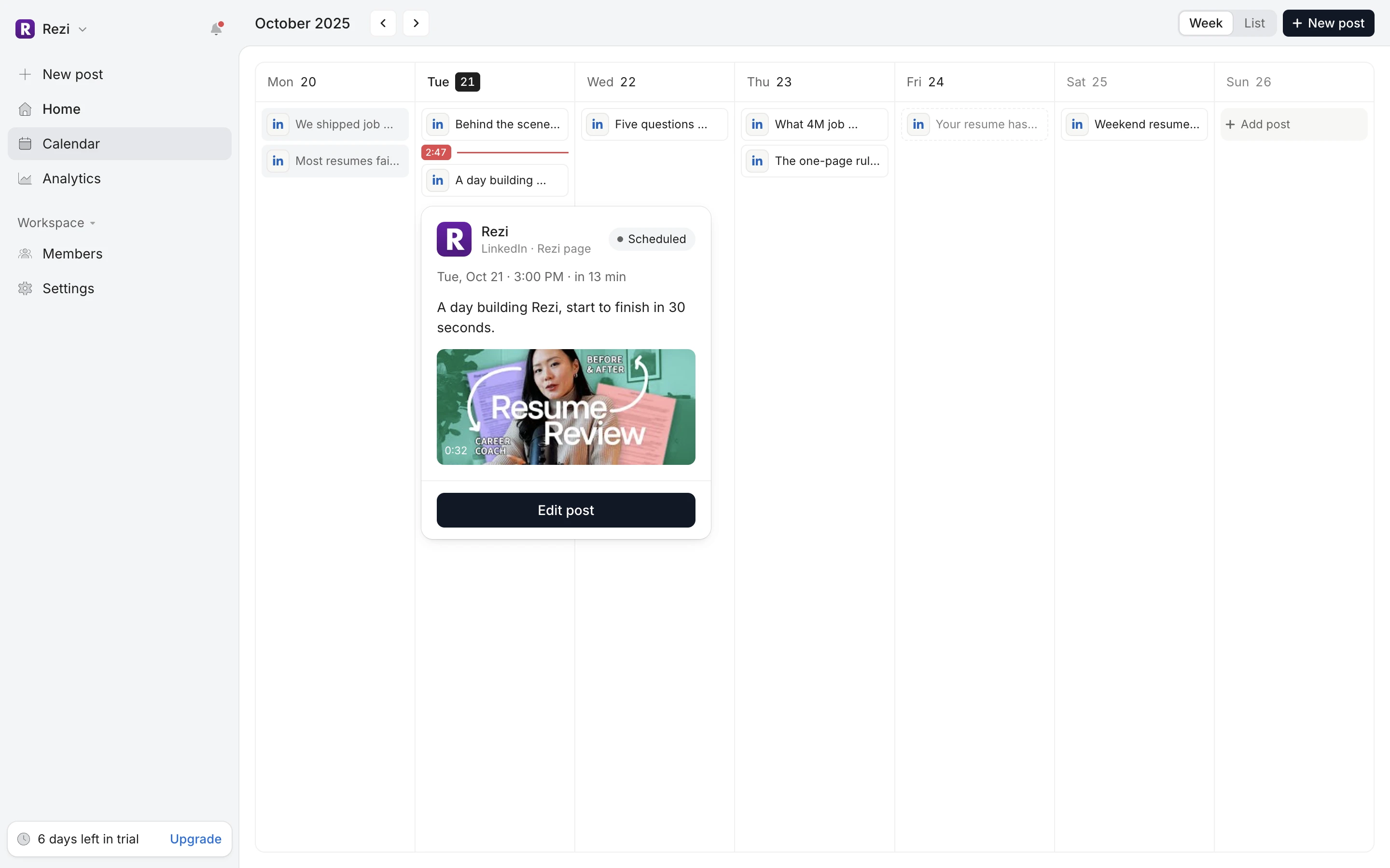 SMScheduler calendar showing a week of scheduled LinkedIn posts